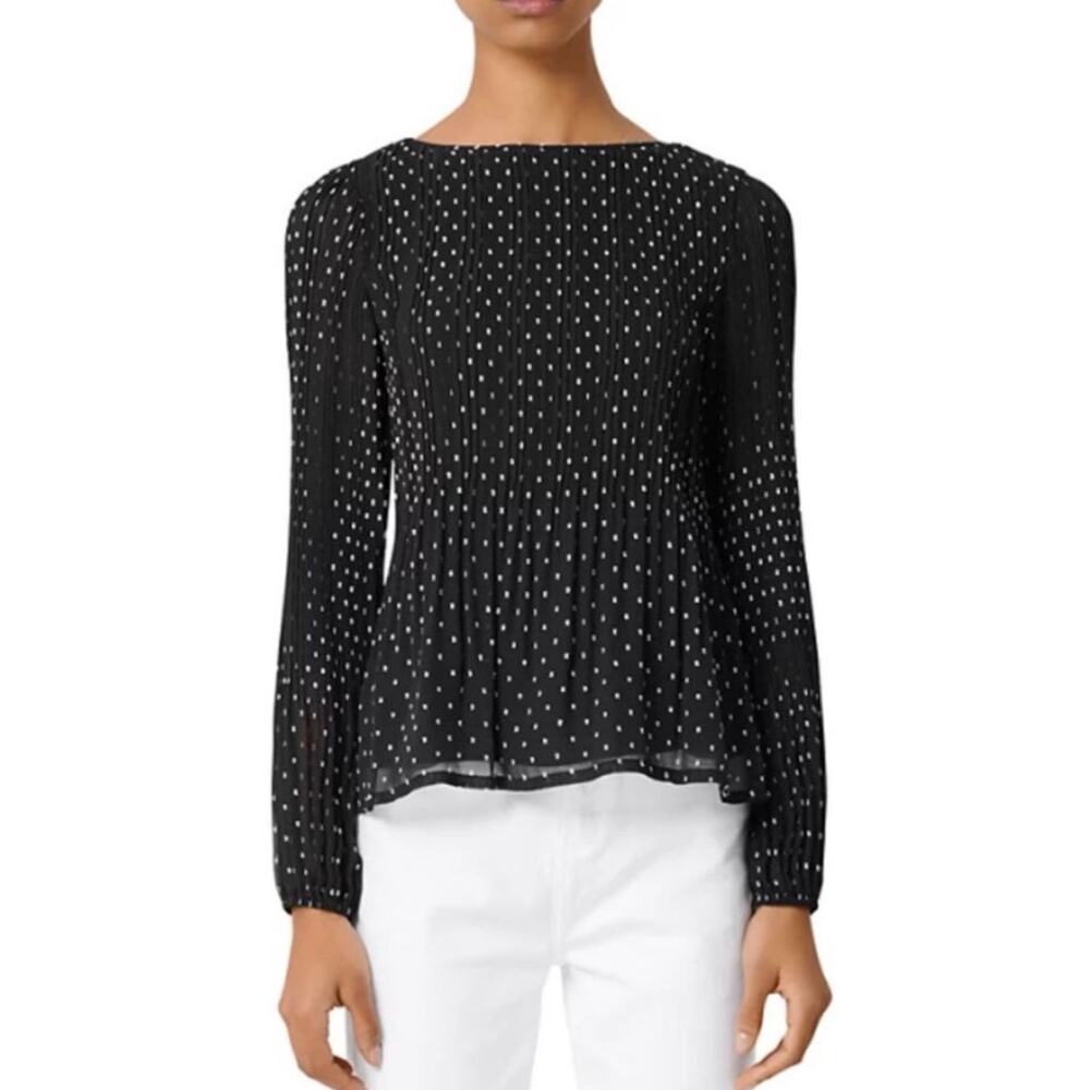 Maje Lockito Pleated Swiss Dot Black White Chiffon Blouse 3 L 8/10